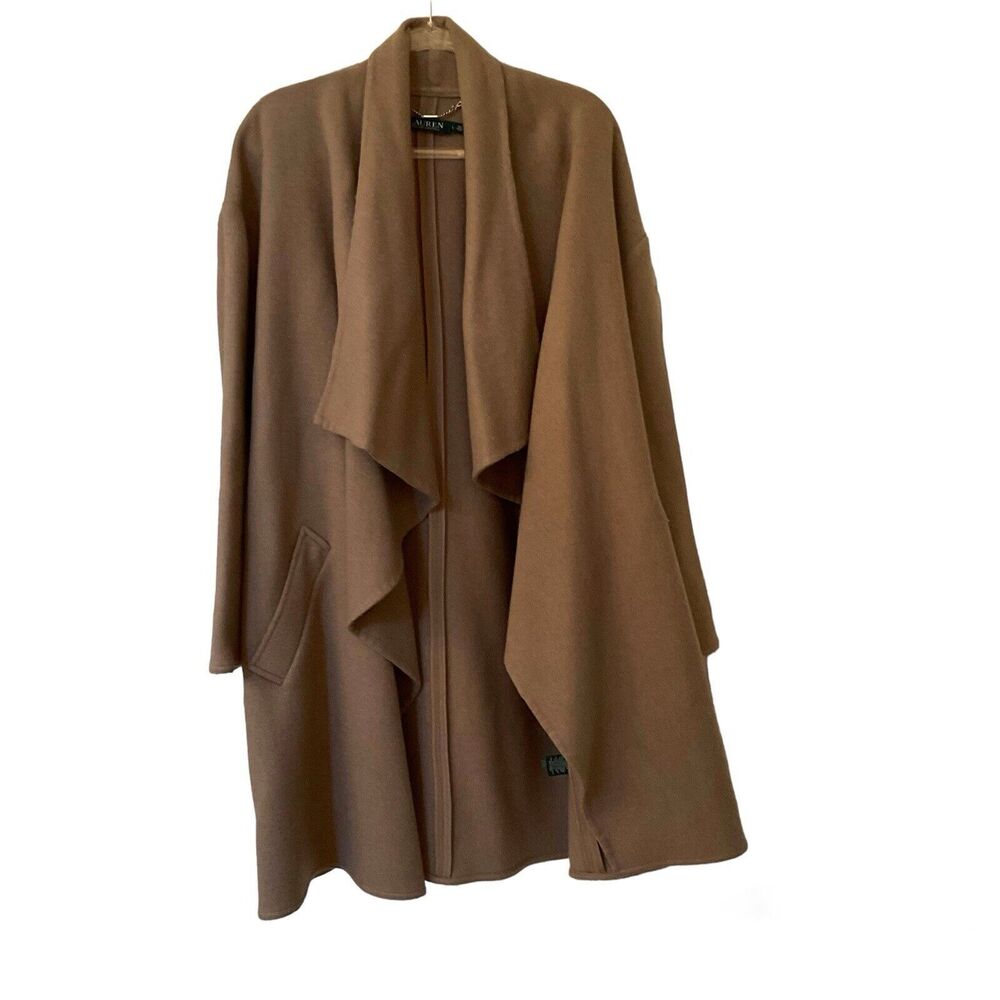 Lauren RALPH LAUREN Tan Waterfall Collar Wool Blend Coat, Size L
